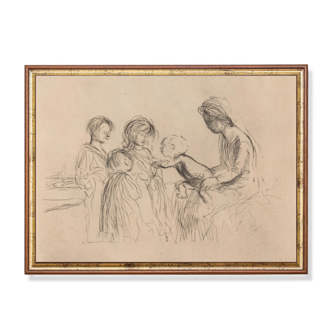 Vintage Mother and Children Pencil Sketch Warm Family Art Poster