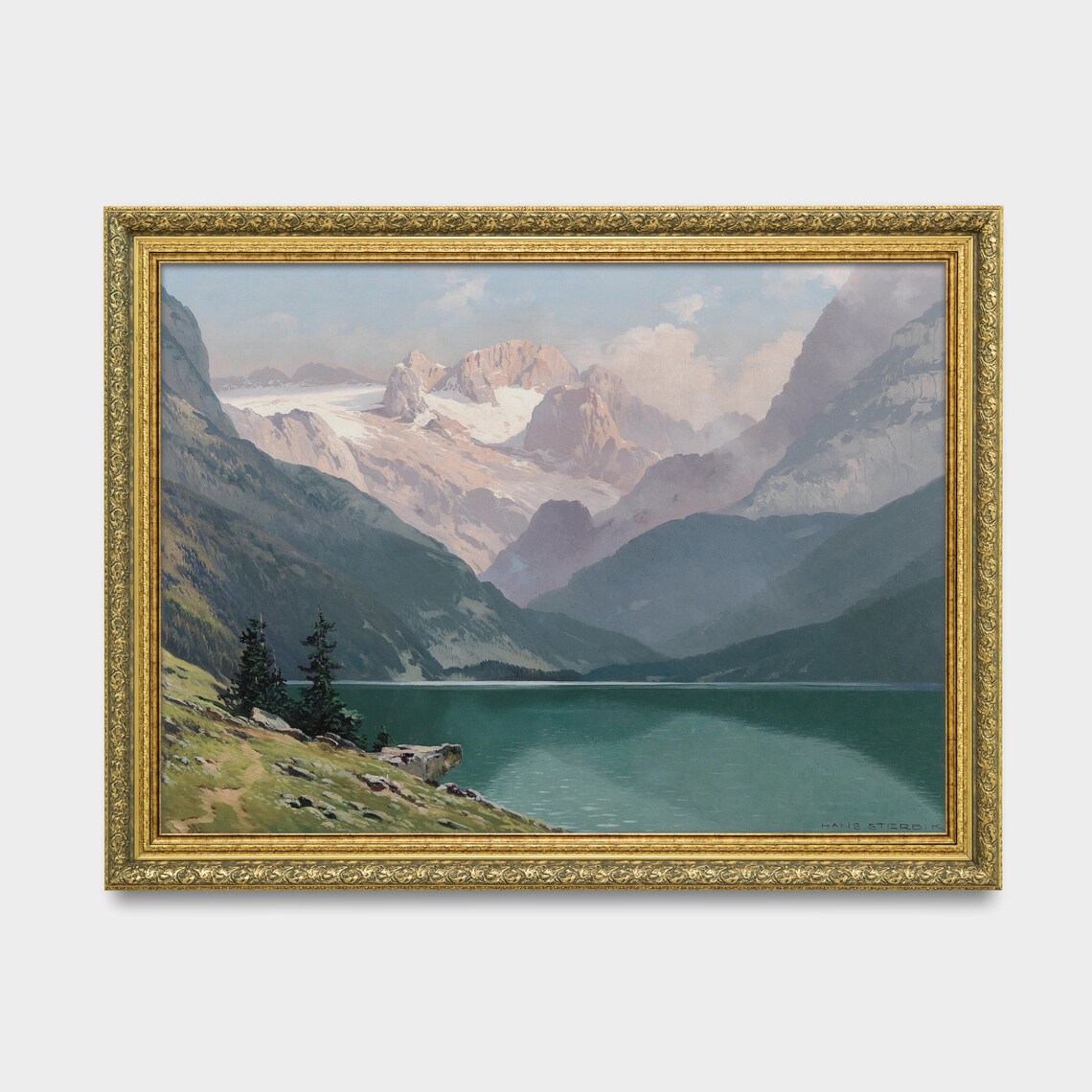 Alpine Mountain Lake Painting Signed Vintage Landscape Wall Art - Image 2