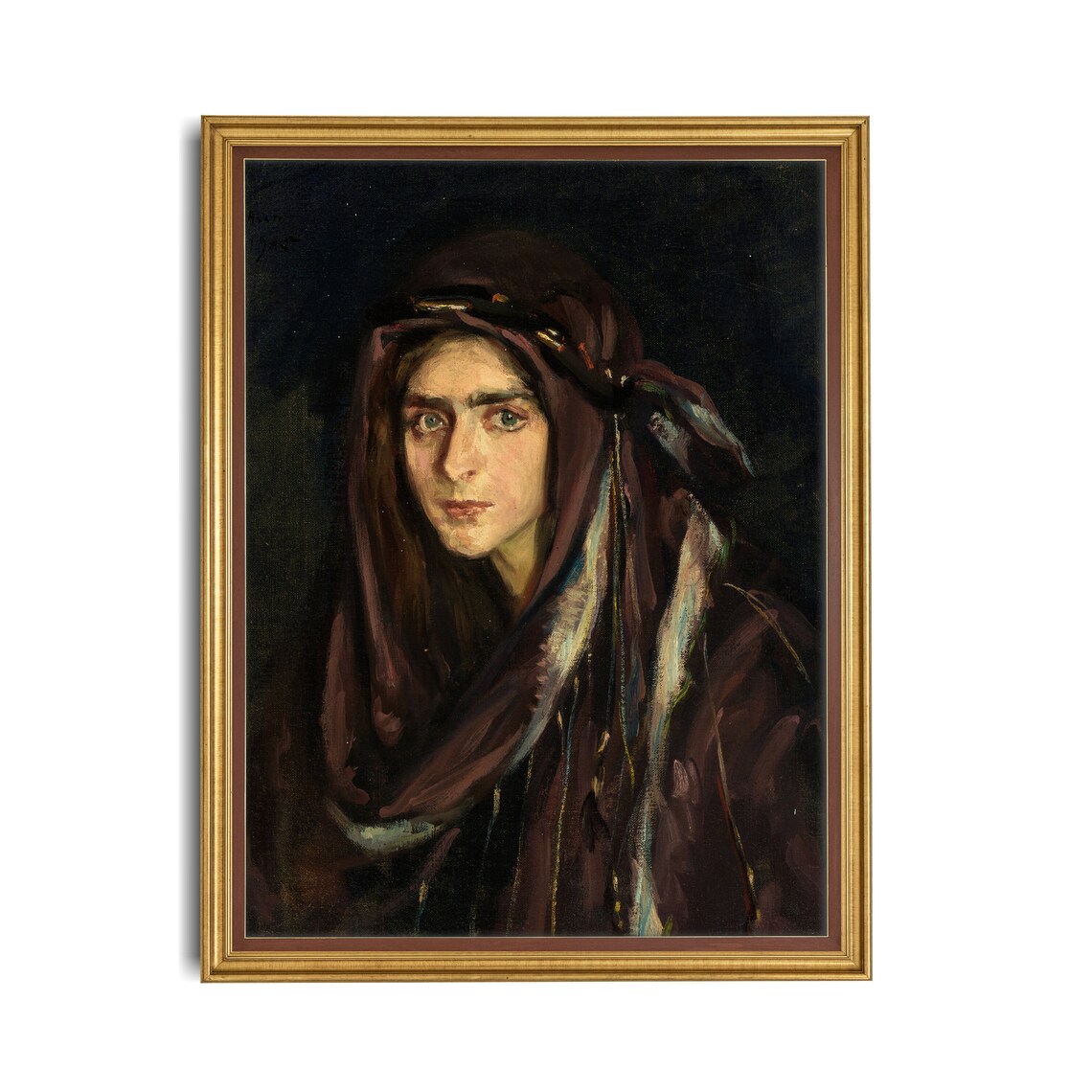 Young Woman in Burgundy Headscarf Dark Romantic Portrait Oil Poster - Image 4