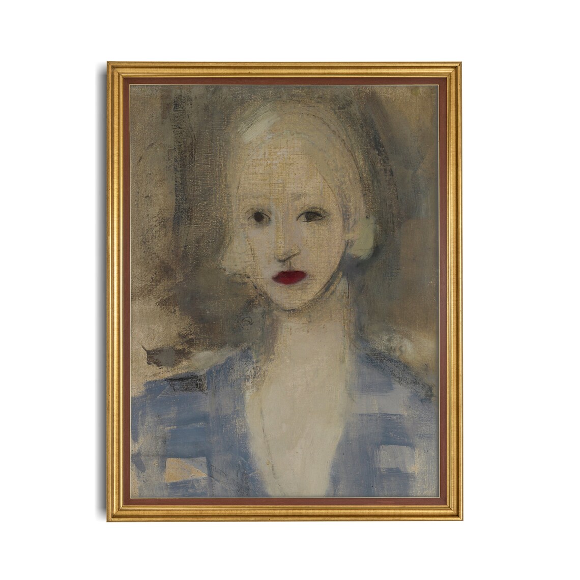 Abstract Woman Portrait Red Lips Blue Dress Modern Vintage Poster - Image 2