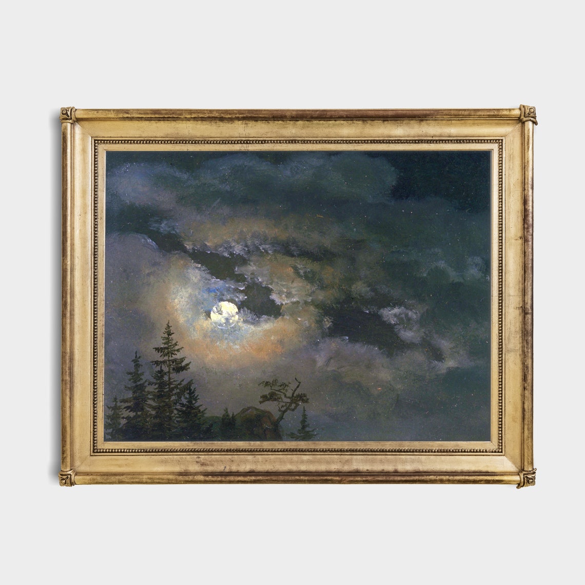 Printed And Shipped Vintage Moonlight Painting Antique Sky Print Moody Rustic Landscape Artwork Dark Academia Fine Art - Image 2
