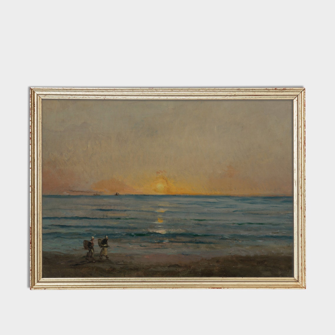 Two Small Figures Walking Along the Beach at Sunset Vintage Poster - Image 2