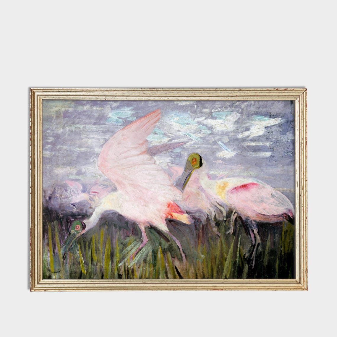 Two Roseate Spoonbills Wading in Marsh Grass Wildlife Poster - Image 3