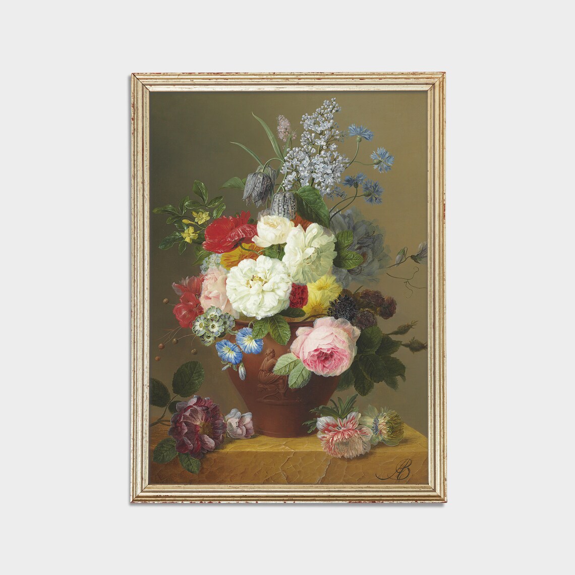 Terracotta Vase of Roses Lilies and Cornflowers Still Life Poster - Image 2