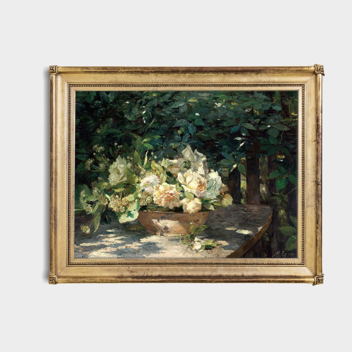 White Roses in a Bowl on a Sunlit Garden Table Still Life Poster - Image 4