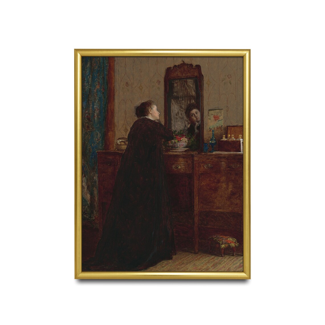Woman at Her Vanity Mirror in a Long Dark Dress Moody Poster - Image 2