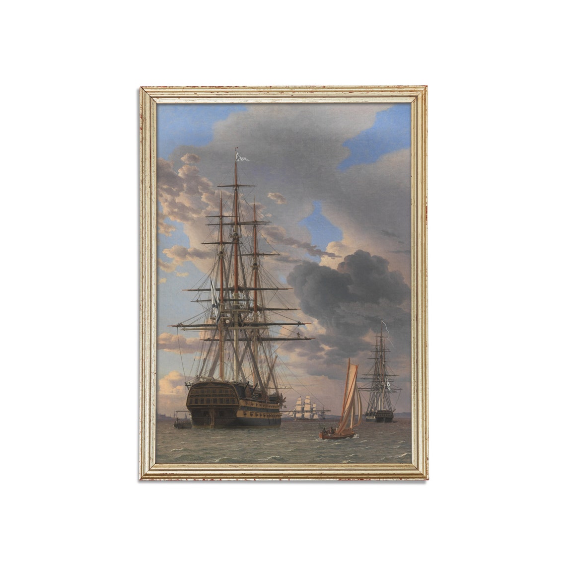 Tall Sailing Ships At Anchor Antique Maritime Oil Painting Poster - Image 3
