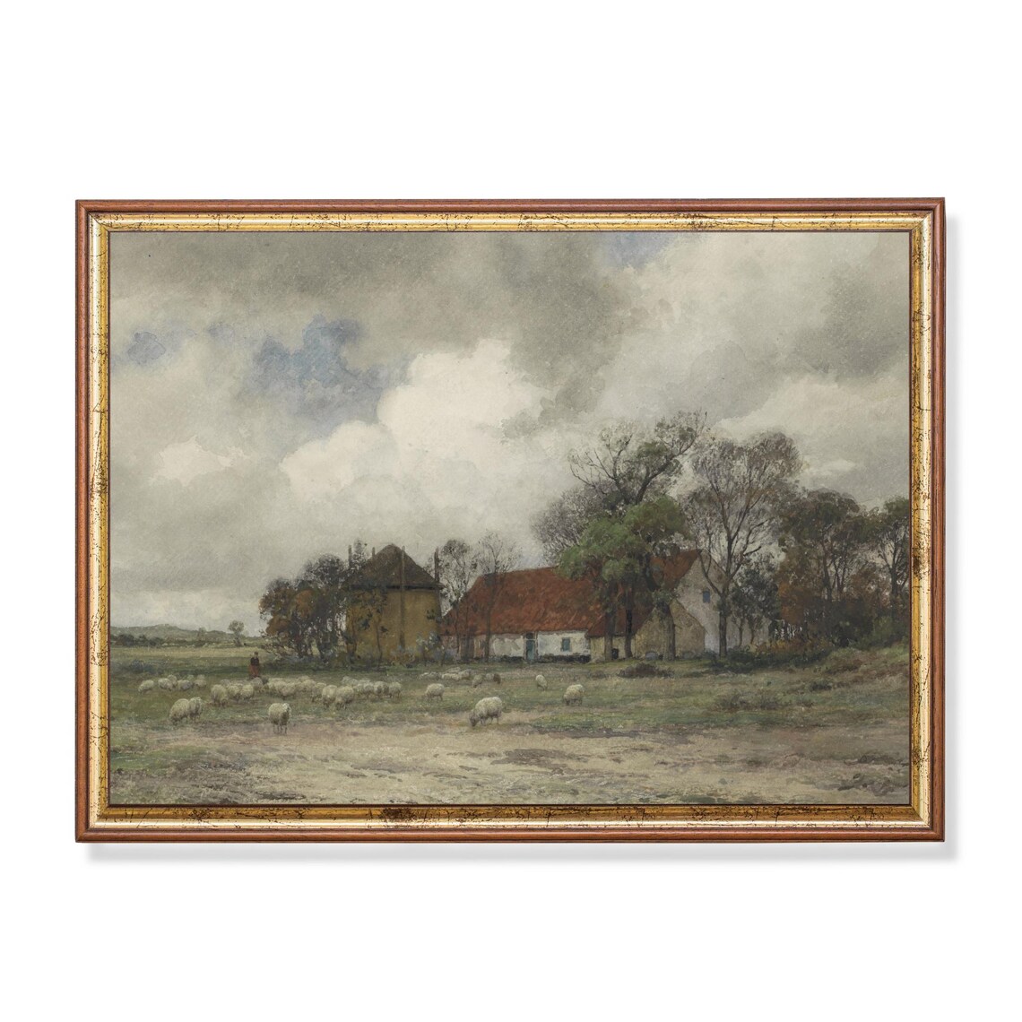 Flock of Sheep with Shepherd near Farmhouses Watercolor Poster
