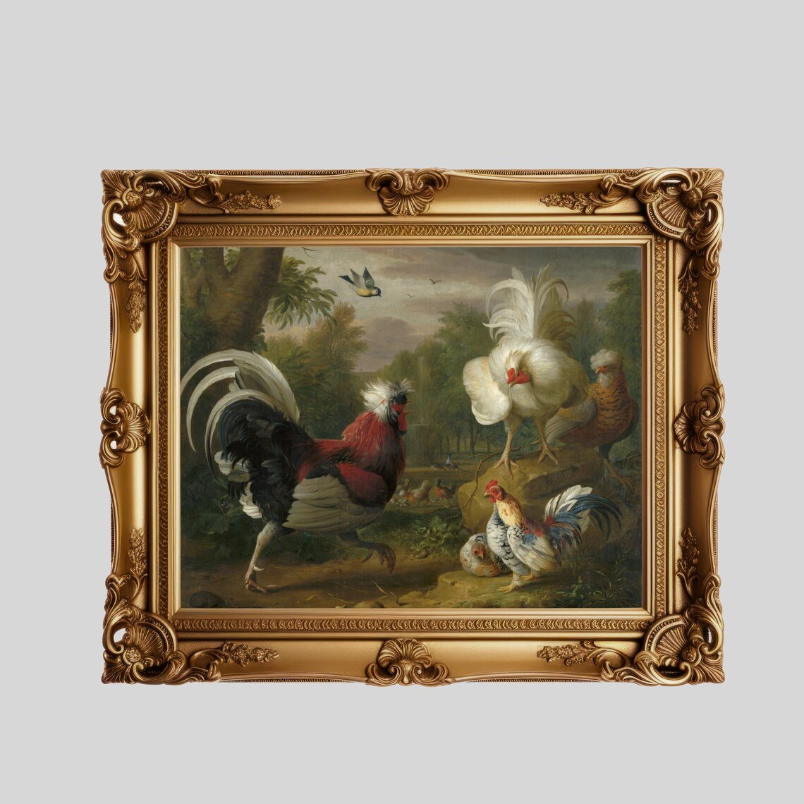 Strutting Roosters and Hens in a Sunlit Farmyard Vintage Poster - Image 4