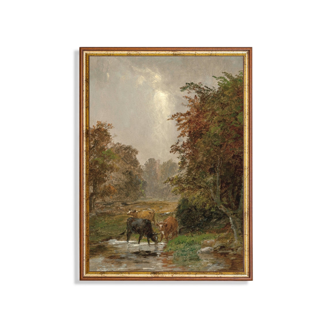 Cattle Drinking at the Stream Antique Autumn Landscape Poster