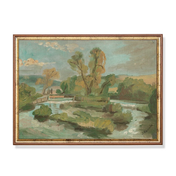 Mailed Print River Landscape Oil Painting Vintage Wall Art Antique Country Scenery Rustic Artwork Farmhouse Decor Fine Art