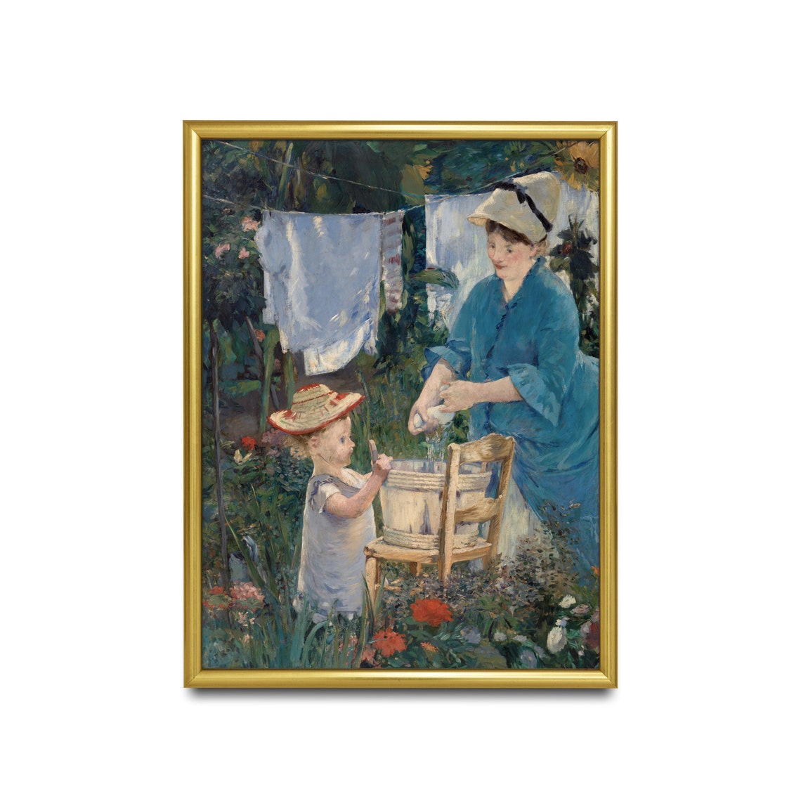 Mother and Child Hanging Laundry in a Garden Impressionist Poster - Image 2