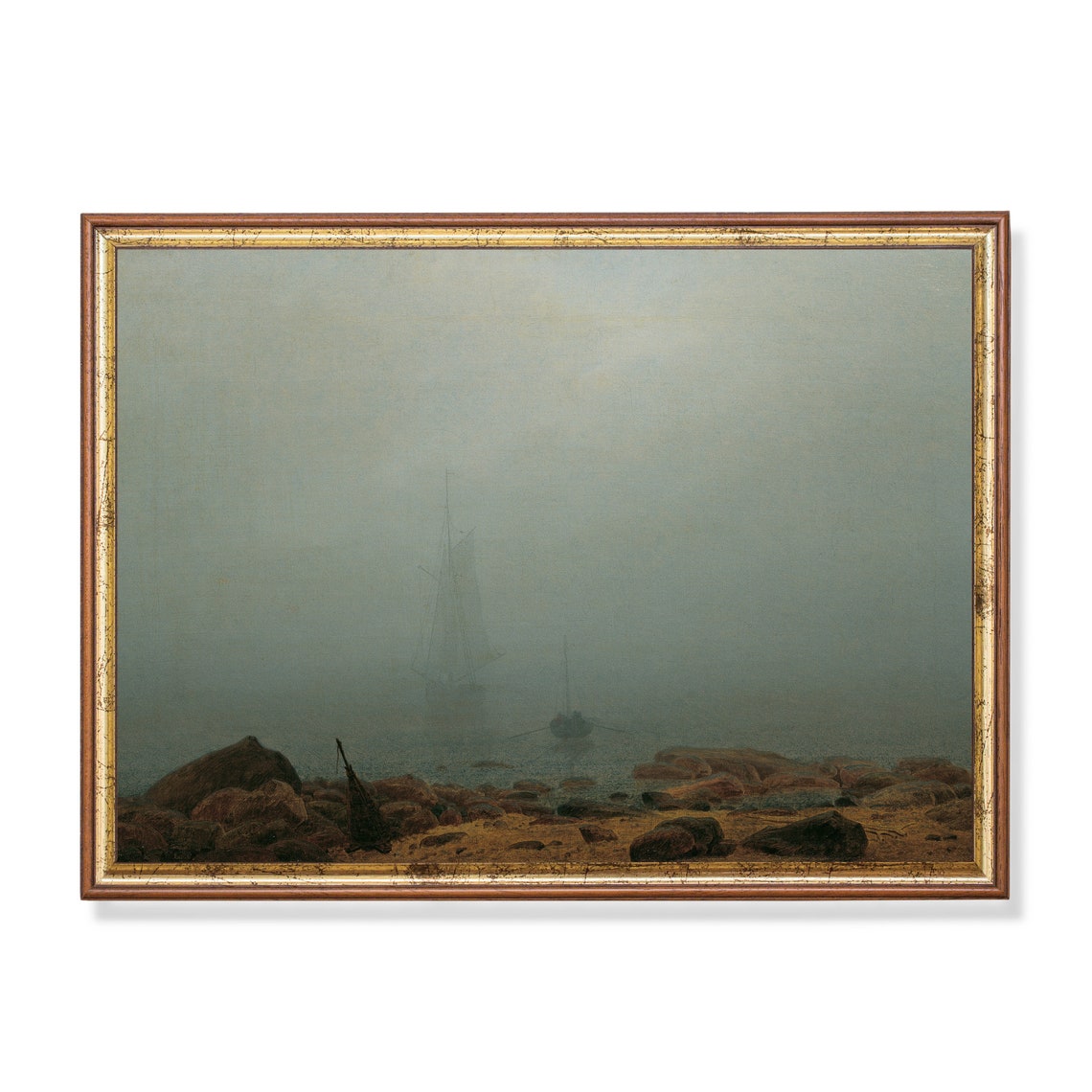 Tall Ship in Fog off a Rocky Shore Vintage Moody Seascape Poster