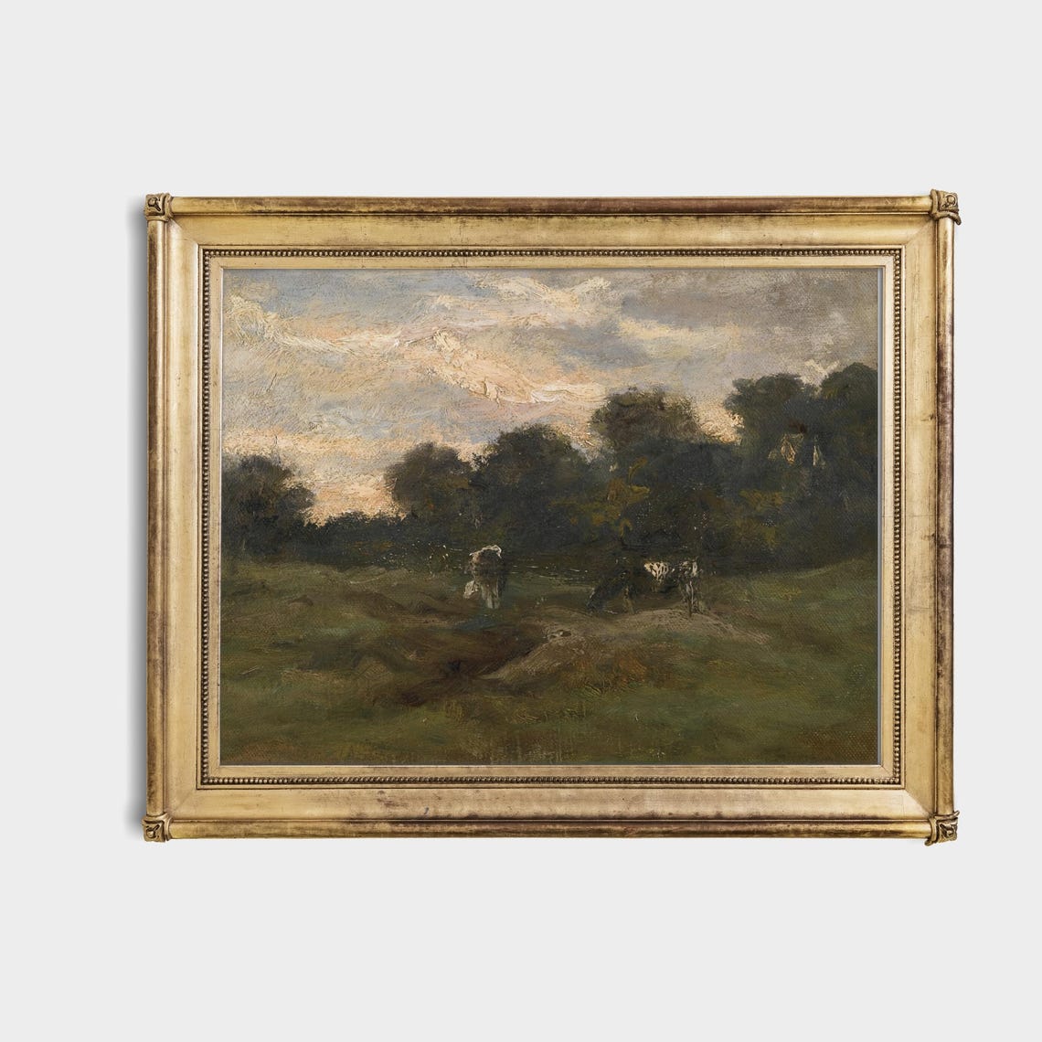 Two Cows Grazing in a Dusky Green Pastoral Meadow Vintage Poster - Image 4