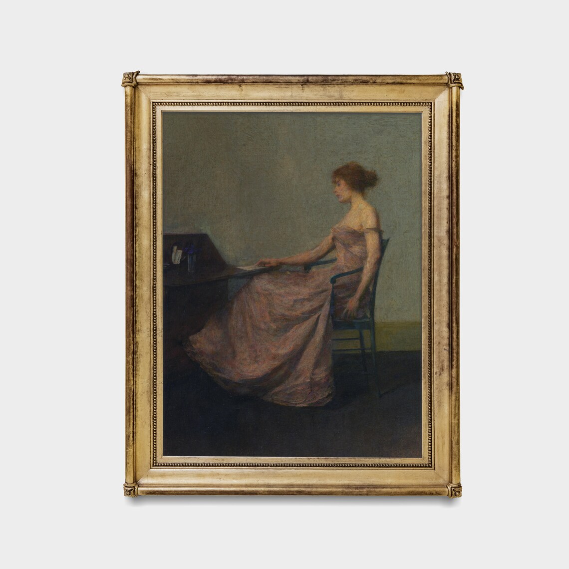 Woman in Pink Gown at a Writing Desk Vintage Portrait Poster - Image 2
