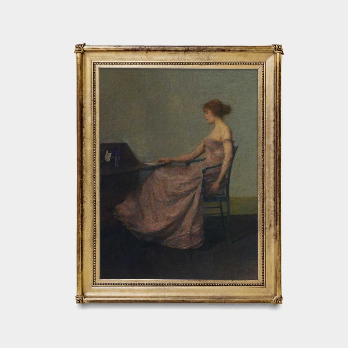 Woman in Pink Gown Seated at a Dark Desk Vintage Portrait Poster - Image 4