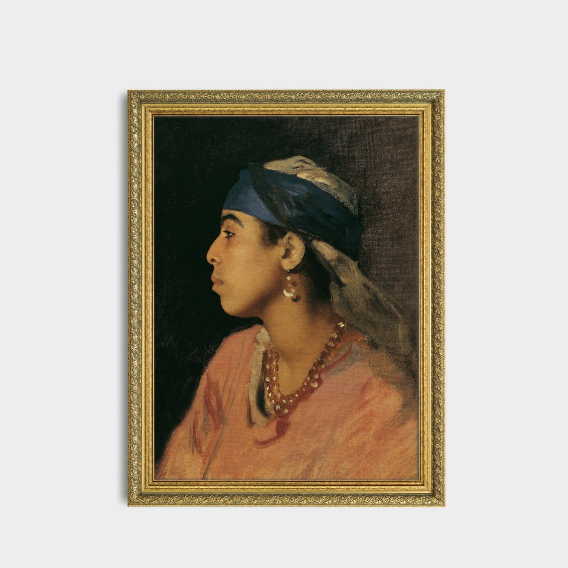Woman In Blue Headscarf Profile Portrait Moody Classic Oil Painting Poster - Image 3