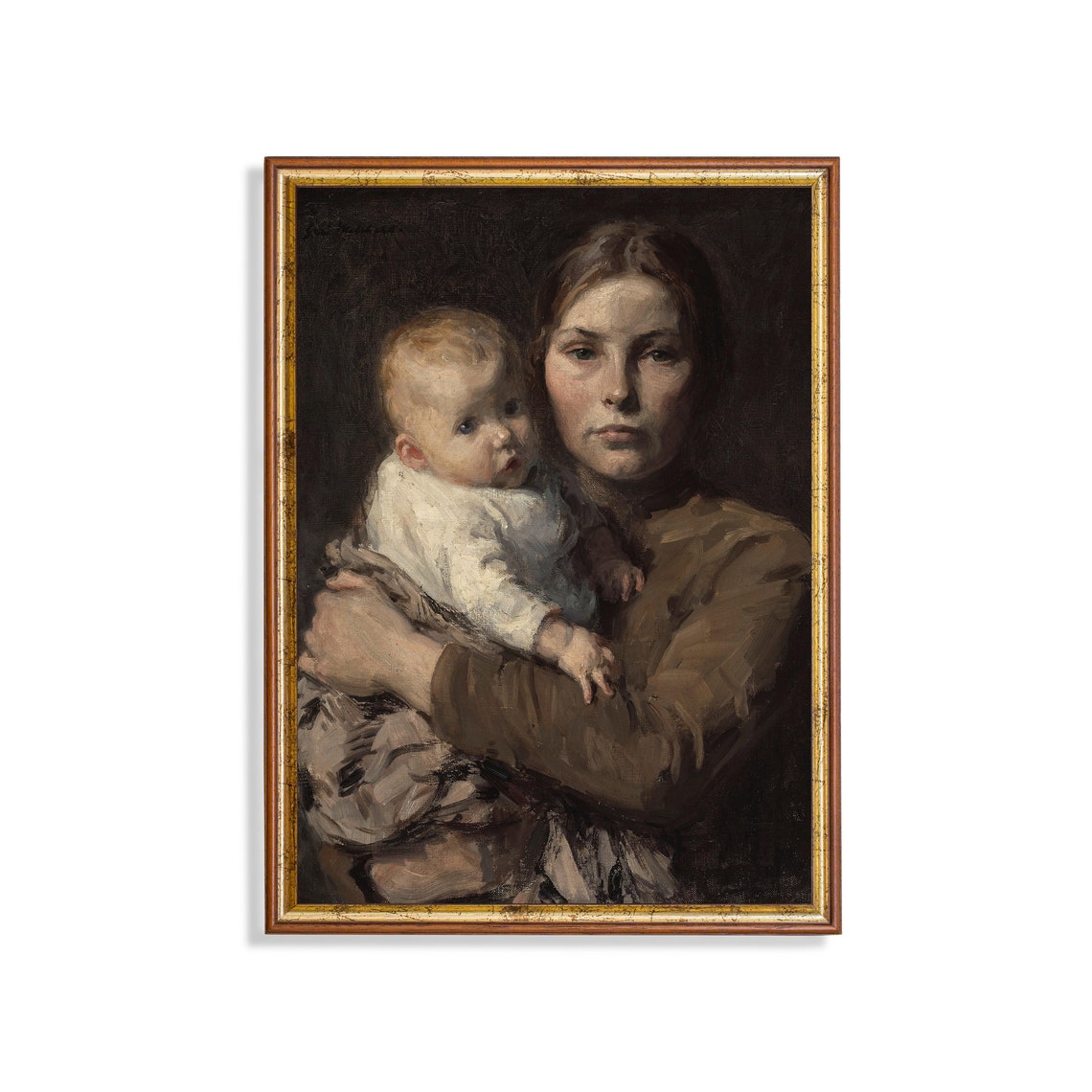 Mother Holding Her Child Moody Antique Portrait Painting Poster