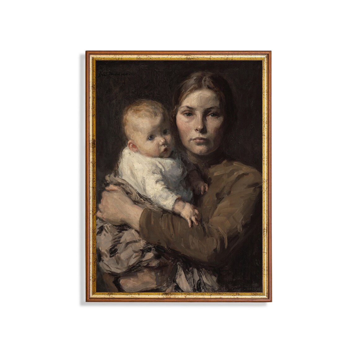 Vintage Mother and Child Portrait Art Print, Rustic