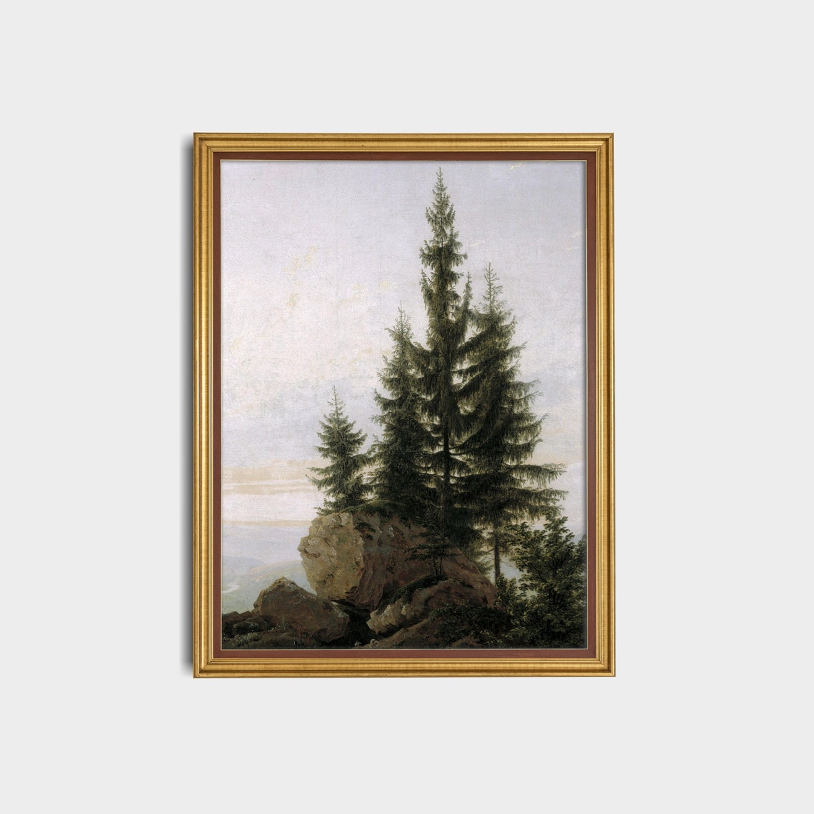 Tall Fir Trees on a Rocky Mountain Overlook Vintage Painting Poster - Image 3