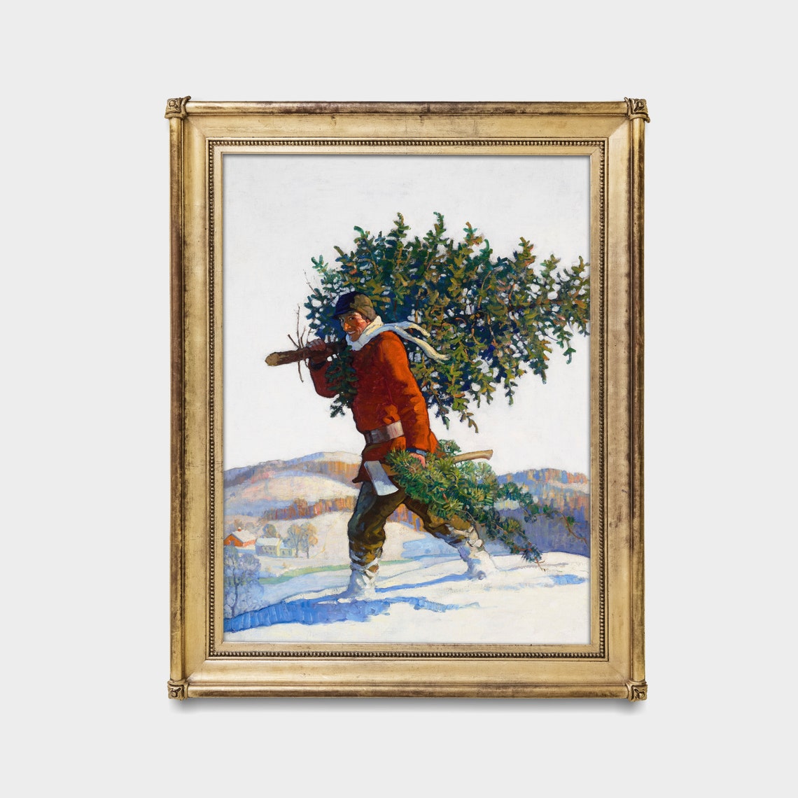 Man Carrying Christmas Tree Through Snow Vintage Winter Poster - Image 3