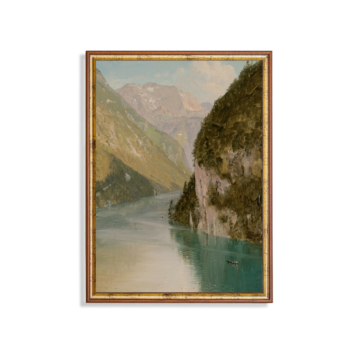 Vintage Mountain Lake Landscape Art Print, Farmhouse Decor