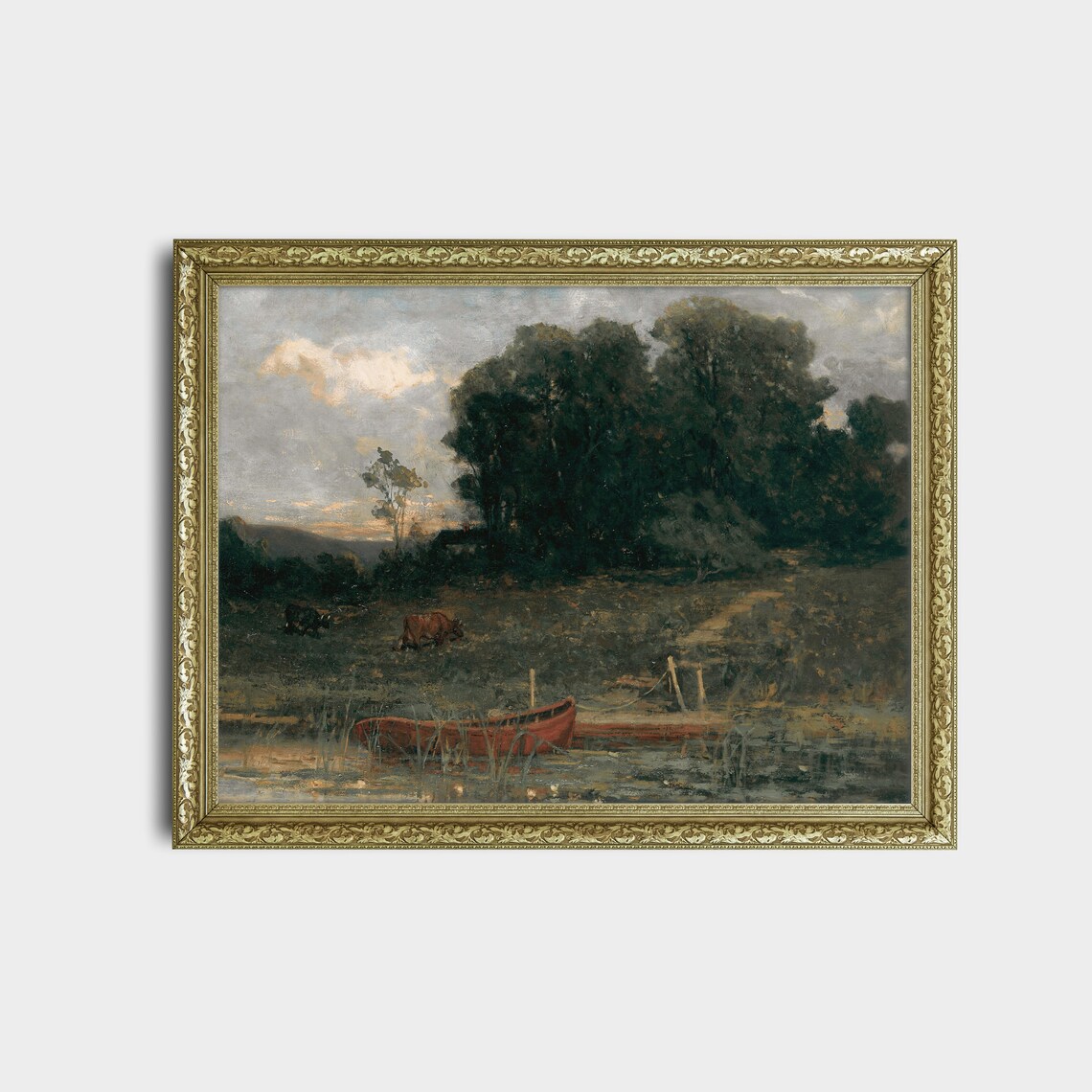 Red Rowboat at Riverside Dusk Antique Country Painting Poster - Image 2