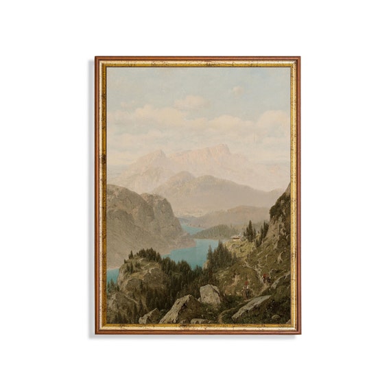 Vintage Landscape Painting Antique Mountain Print Riverscape Rustic Fine Art Wall Art Farmhouse Decor
