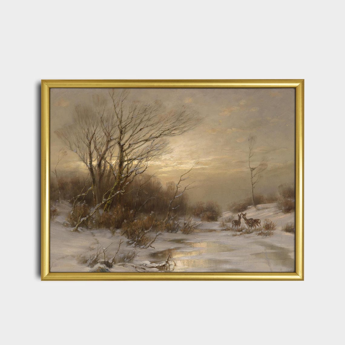 Deer by a Frozen Stream in a Snowy Winter Landscape Vintage Poster - Image 2