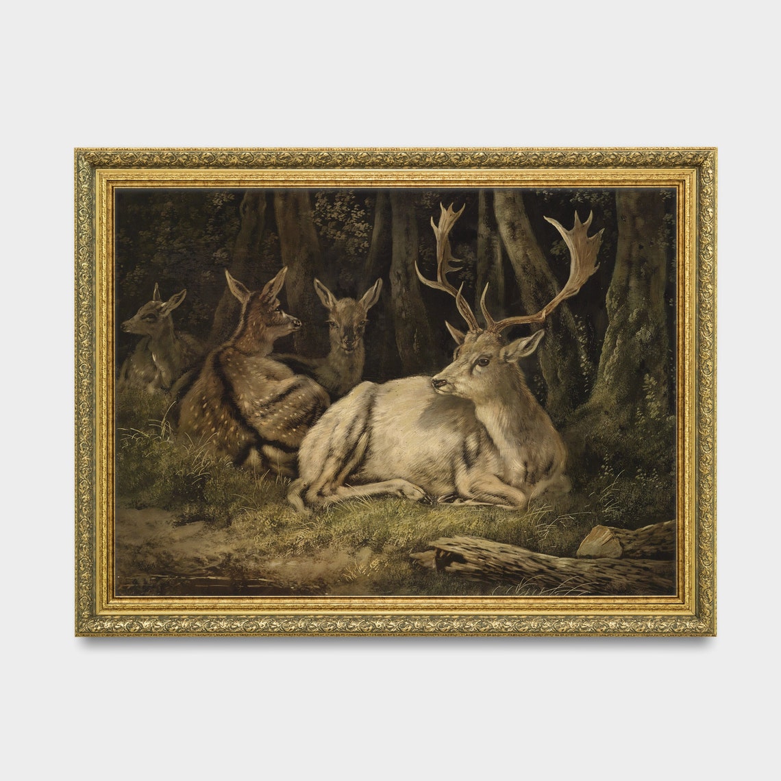 Stag and Does in Dark Forest Moody Vintage Wildlife Painting Poster - Image 3