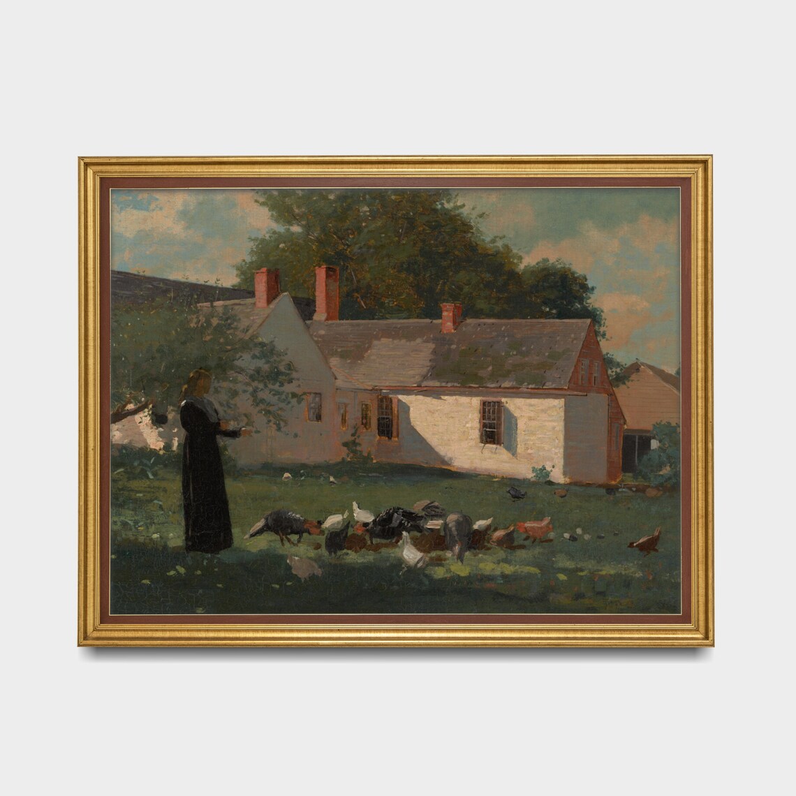 Antique Farmyard Scene with Woman Feeding Chickens Oil Painting Poster - Image 5