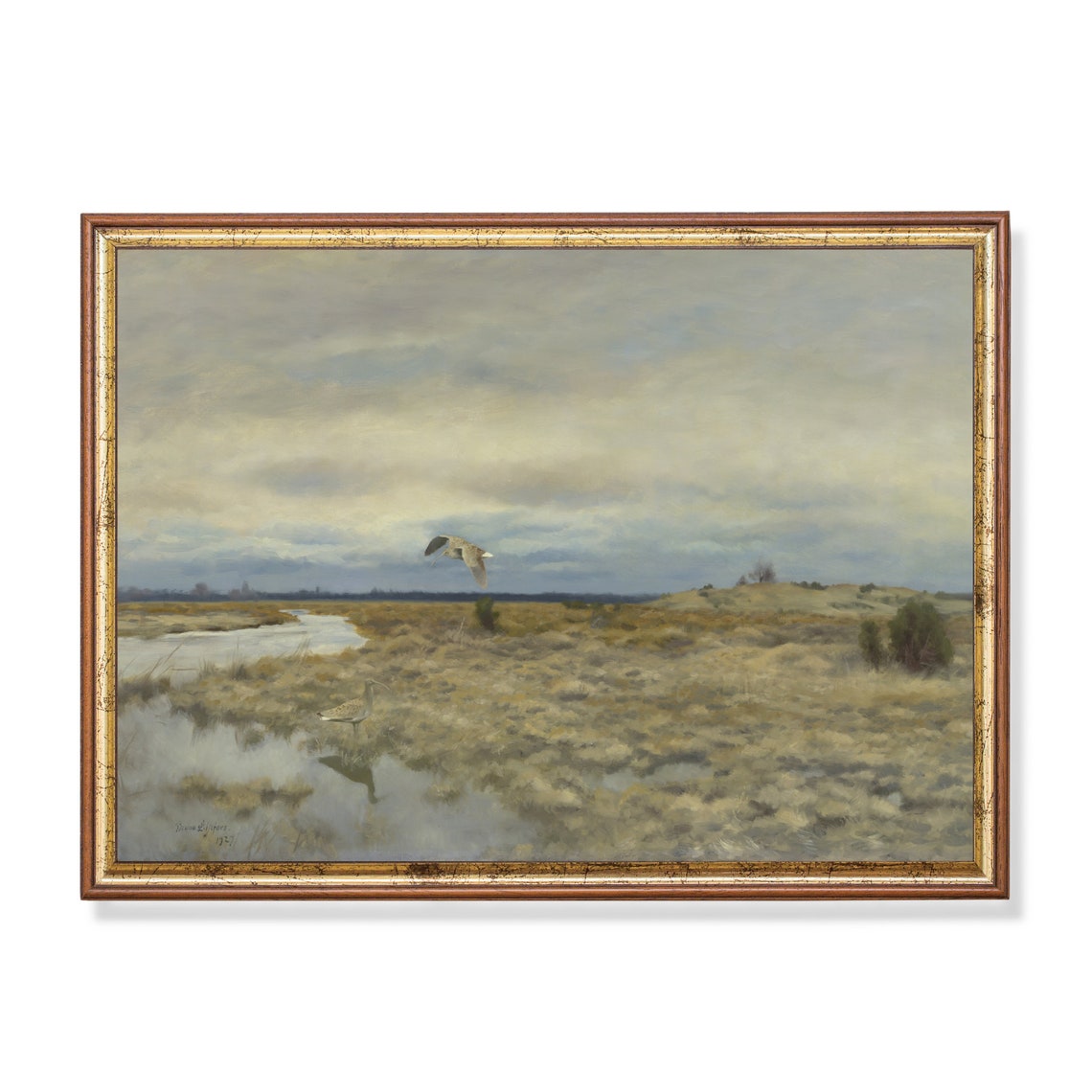 Dusk Wetland Landscape With Flying and Wading Geese Antique Poster