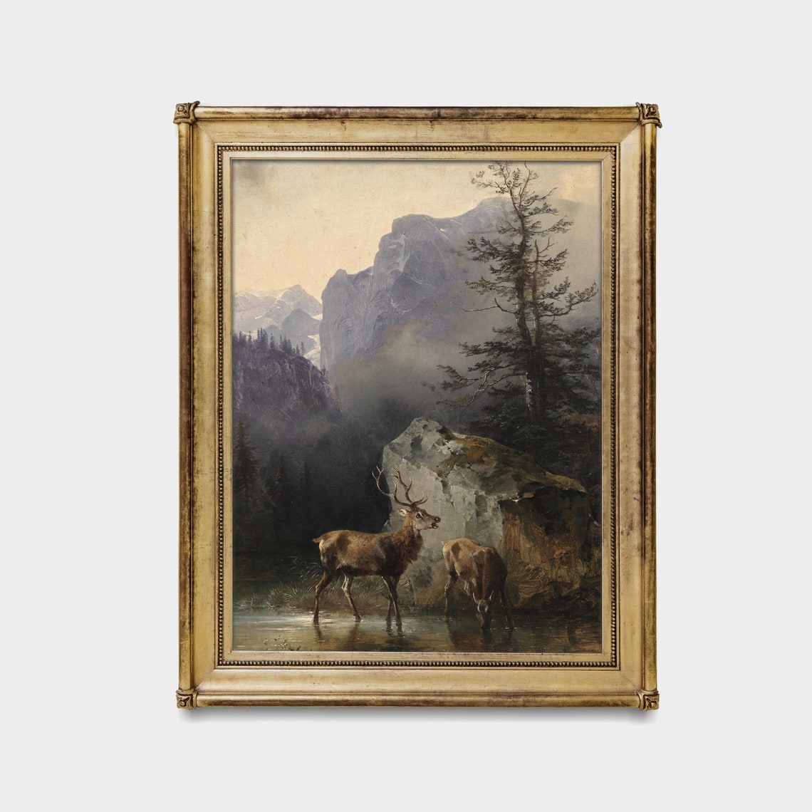 Two Red Deer Drinking at Mountain Lake Vintage Wildlife Poster - Image 4