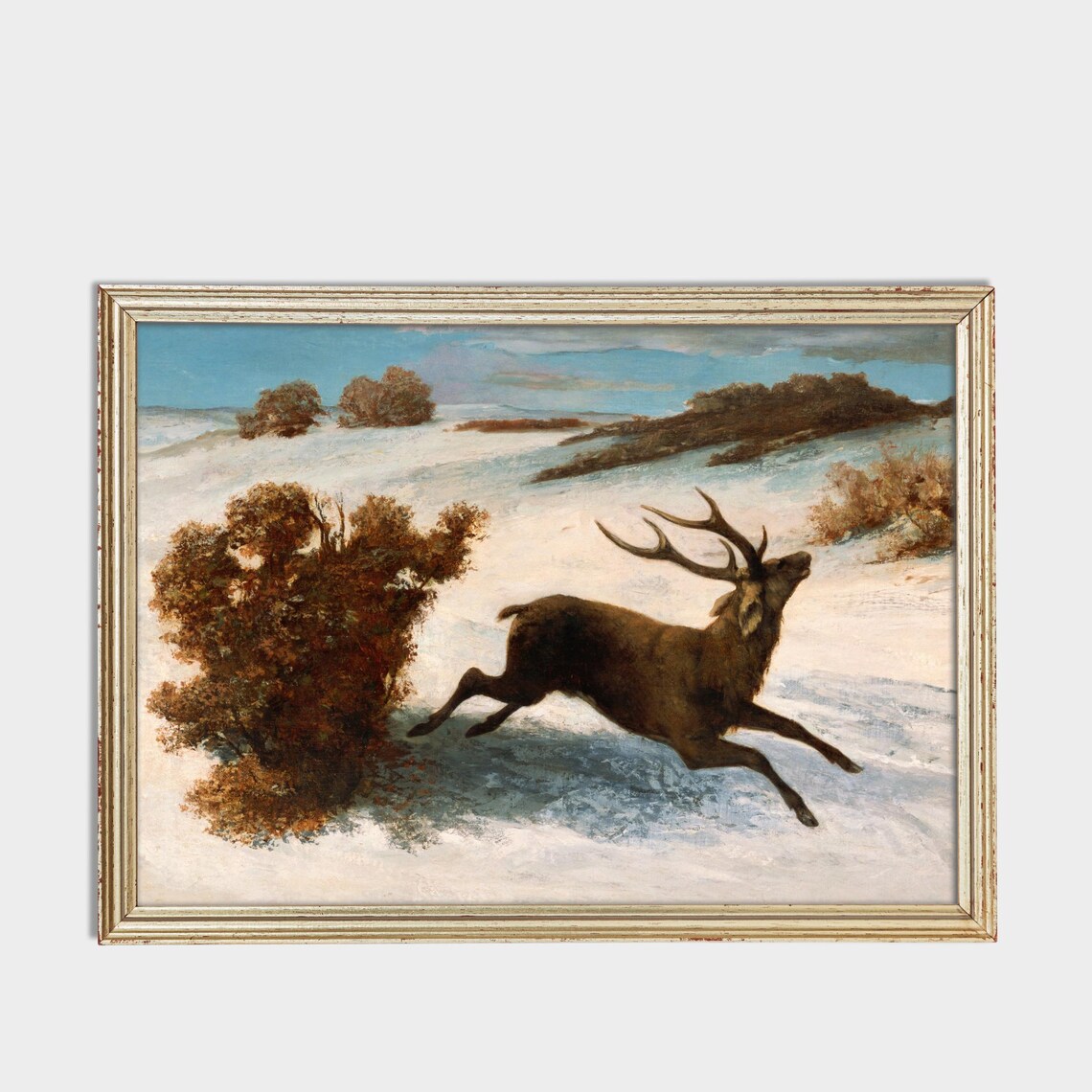 Stag Running Through the Snowy Moor at Dawn Vintage Wildlife Poster - Image 3