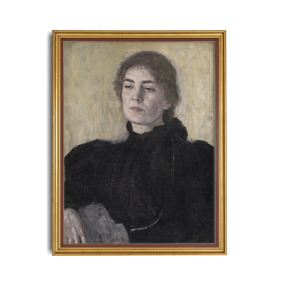 Moody Woman in Black High Collar Vintage Expressive Portrait Oil Art Poster - Image 4