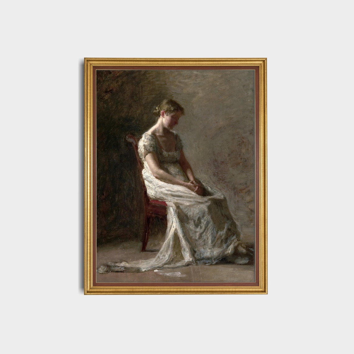 Seated Woman in White Daydreaming Antique Oil Portrait Poster - Image 2