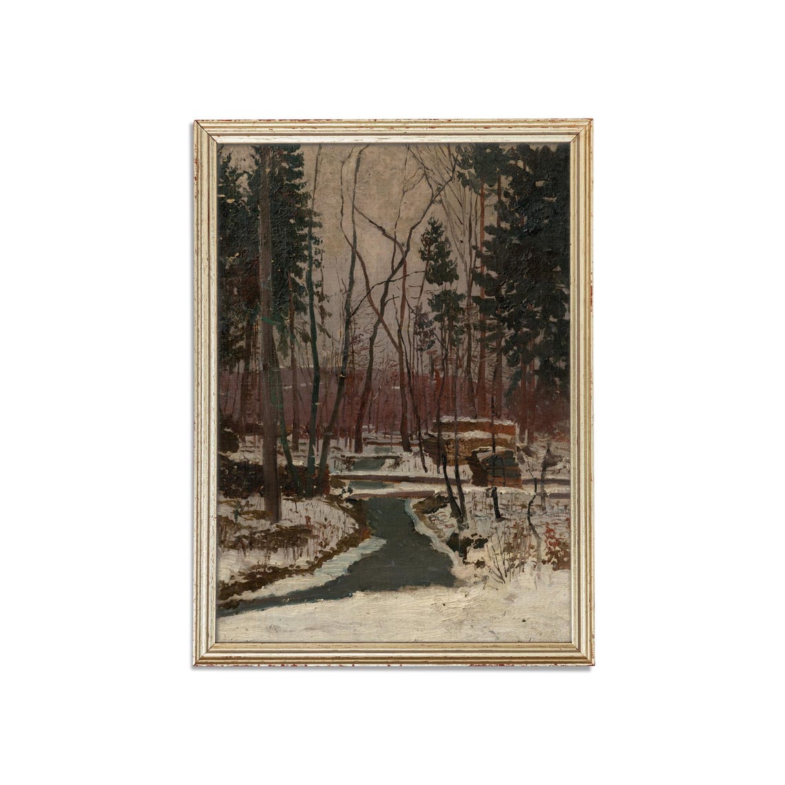 Snowy Winter Forest with Stream and Cabins Vintage Landscape Poster - Image 2