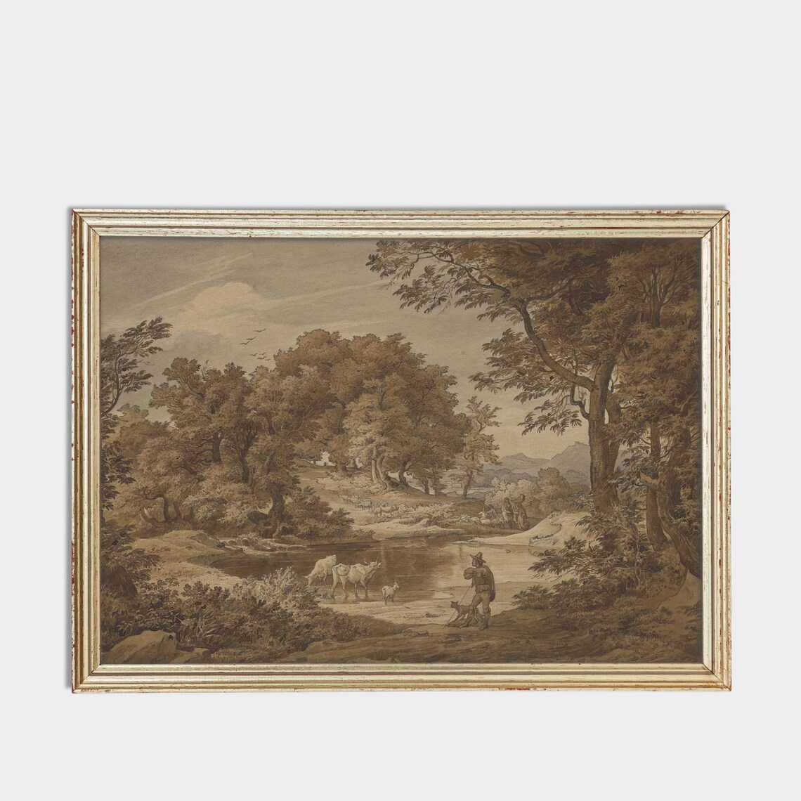 Herdsman with Cattle at a Woodland Pond Vintage Sepia Sketch Poster - Image 3
