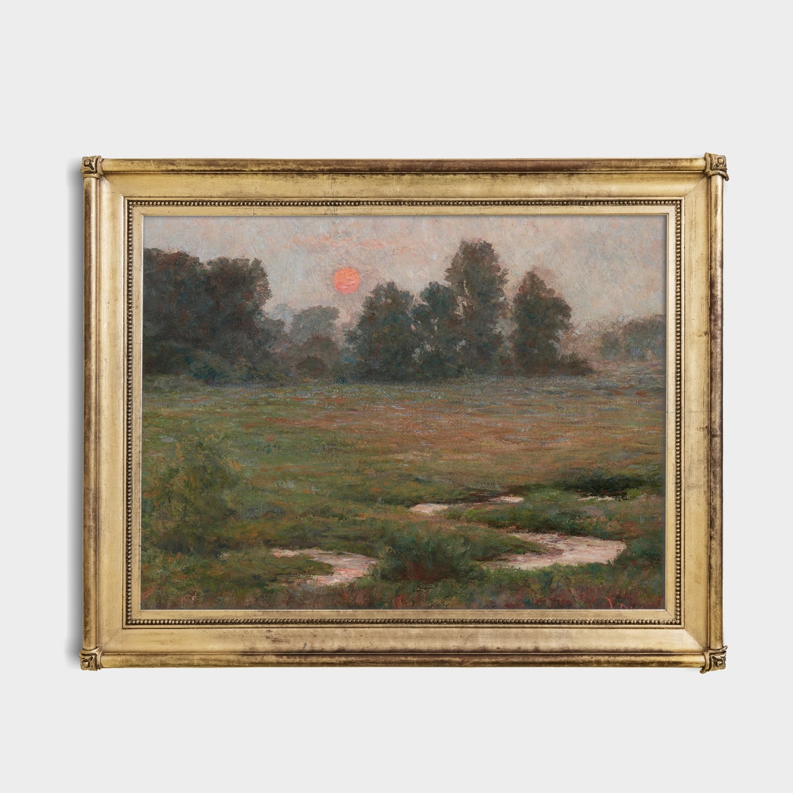 Red Sun over Misty Wetland with Stream Vintage Meadow Poster - Image 2