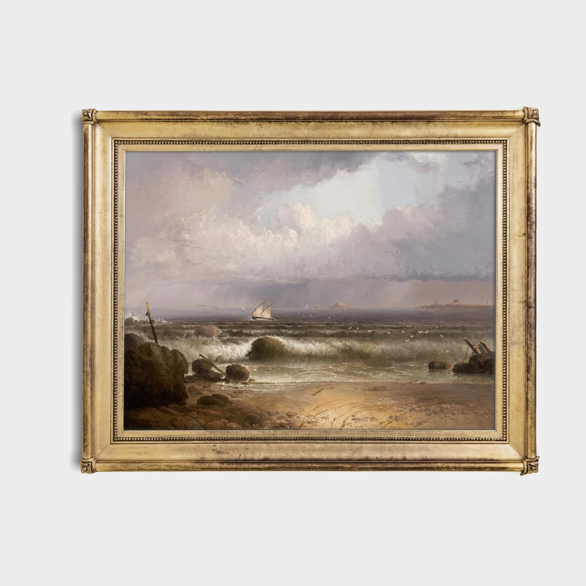 Waves Breaking on a Rocky Shore Beneath a Distant Sail Poster - Image 4
