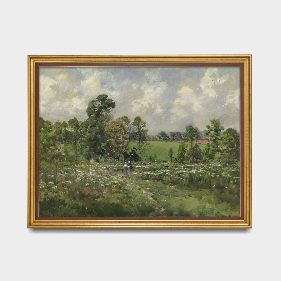 Two Figures Strolling a Summer Meadow Antique Painting Poster - Image 4
