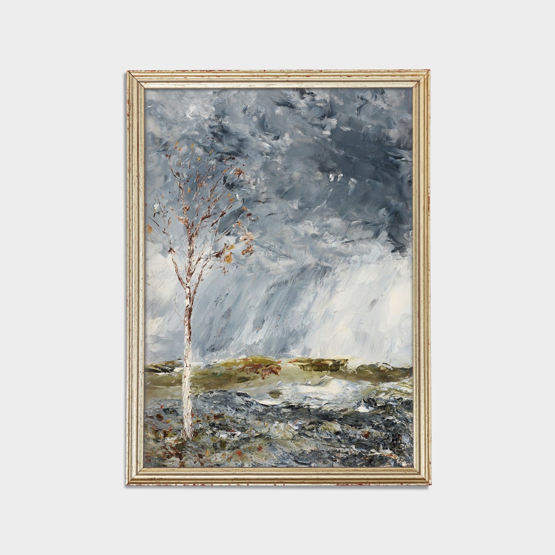 Solitary Tree on Rocky Shore Painting Stormy Sky Moody Wall Art - Image 2