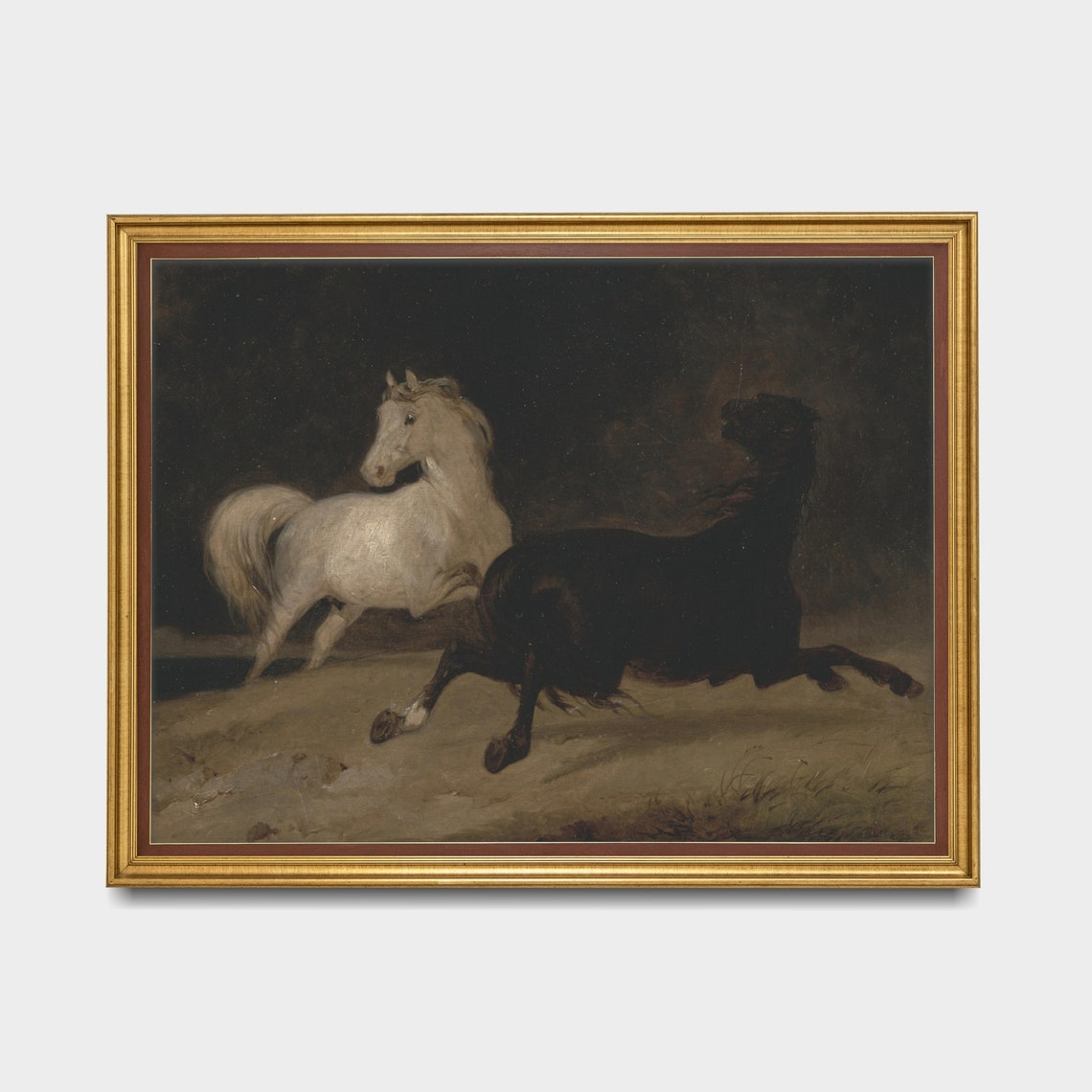 White and Black Horses Galloping at Night Moody Painting Poster - Image 5