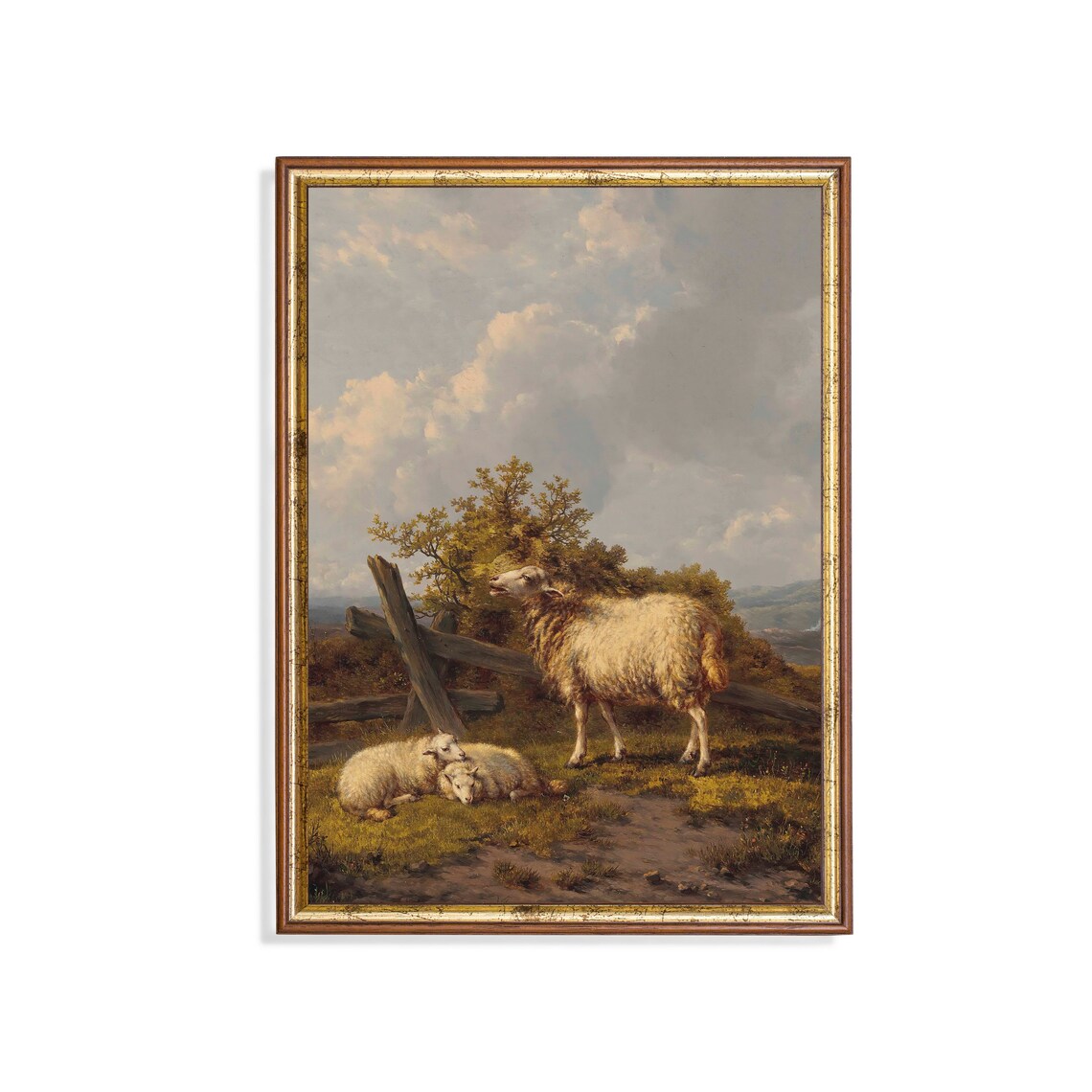Sheep and Lambs in a Pasture Vintage Painting, Art Print