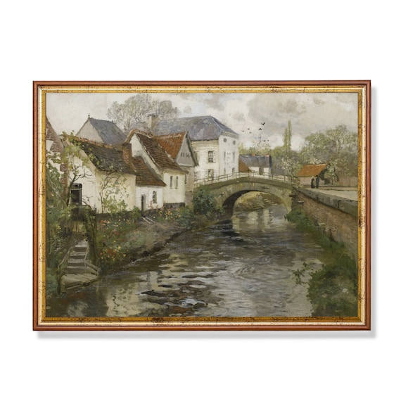 Vintage Countryside Town Art Print, Rustic Farmhouse