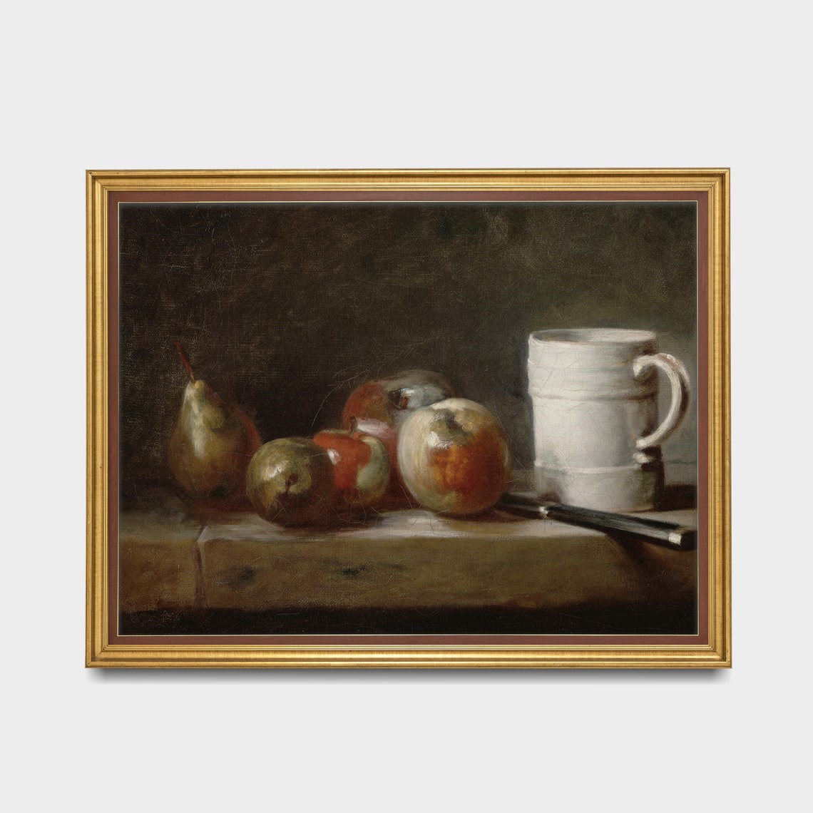 Apples Pears and a White Jug Moody Still Life Vintage Oil Poster - Image 3