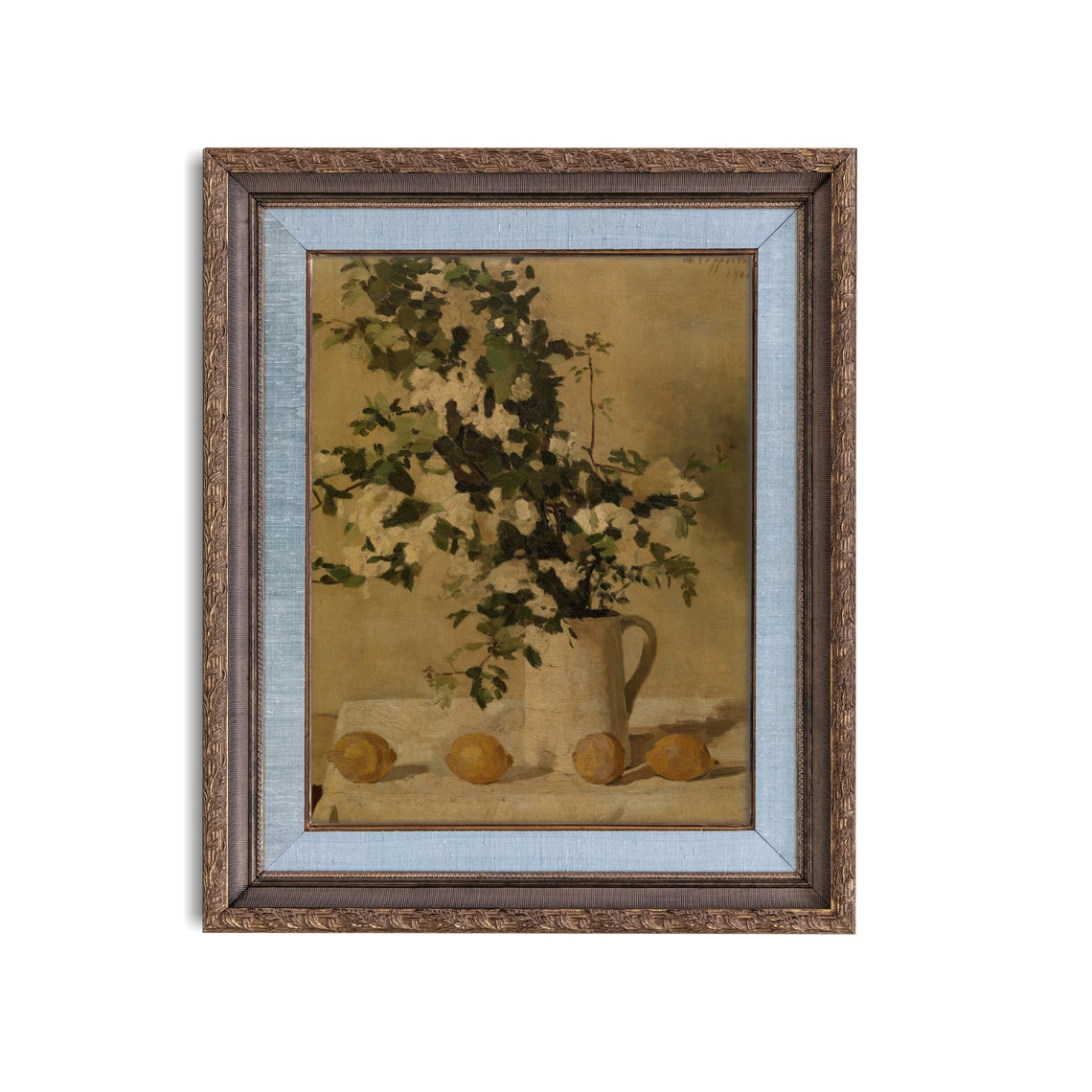 White Blossoms in a Pitcher with Lemons Vintage Still Life Poster - Image 2