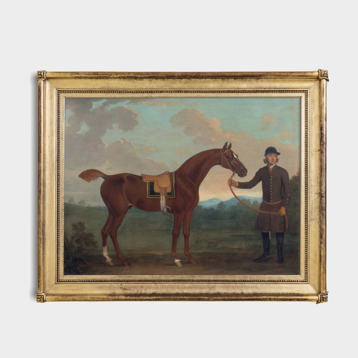 Bay Horse Held by Groom Saddled Cloudy Sky Vintage Equestrian Poster - Image 2
