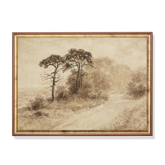 Print And Ship Landscape Sketch Print Vintage Drawing Neutral Rustic Country Decor Antique Wall Art Forest Nature Art Mailed Art