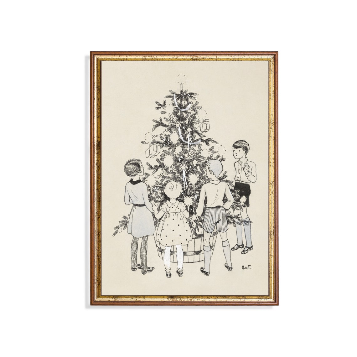 Children Around Christmas Tree Vintage Sketch Drawing Poster